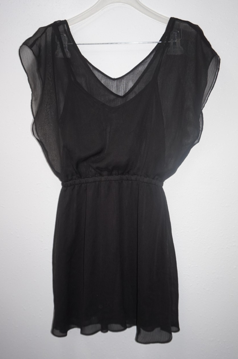 Express Black Elastic Waist Blouson Mini Dress Woman Sz S V Neck