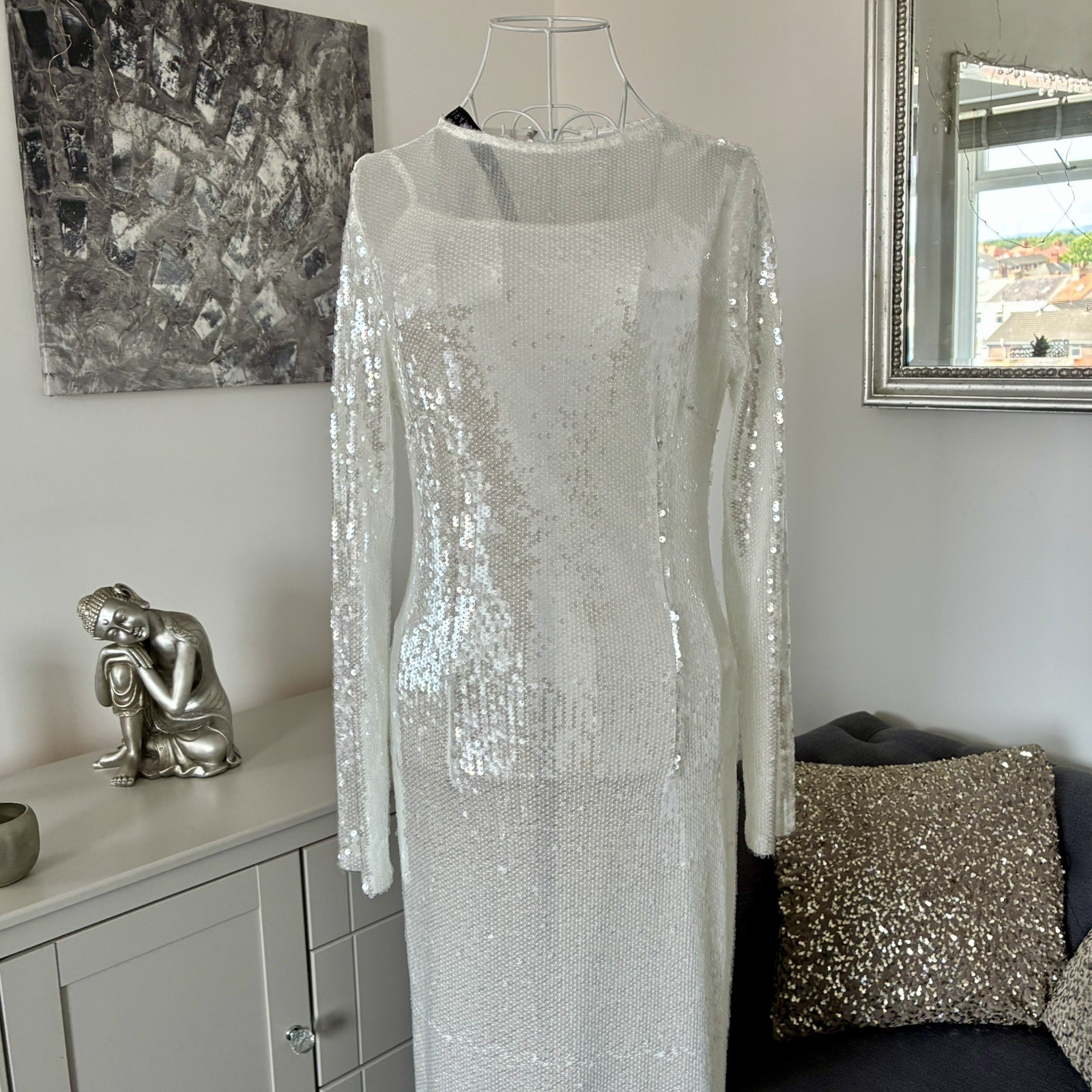 Rare London White Sequin Round Neck Long Sleeve Maxi Dress With Cami 8 RRP £95