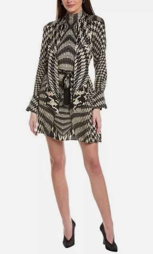 REISS Ester Placed Monochrome Black & Cream Dogtooth Print Mini Dress UK8 UK10