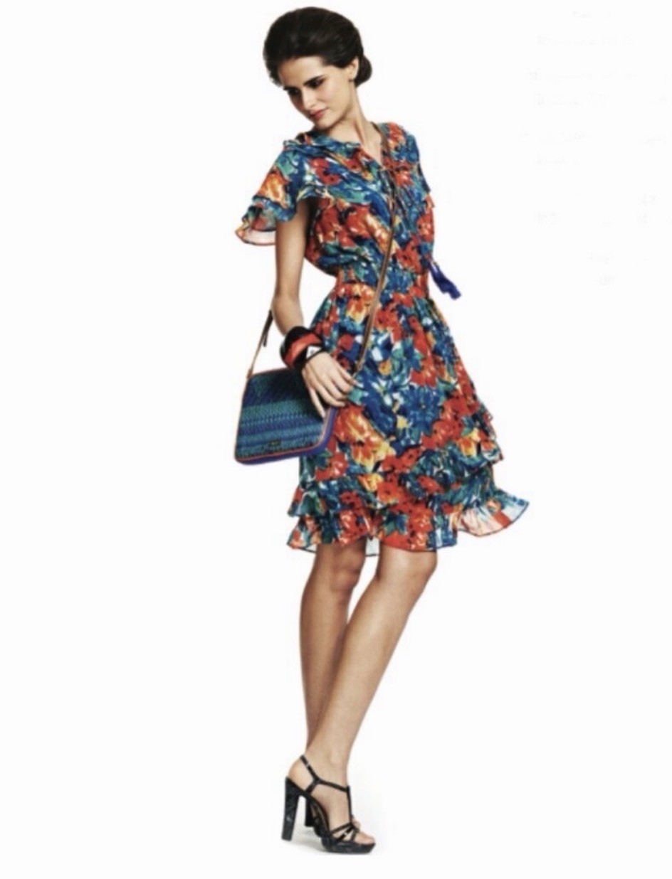 Duro Olowu Floral Chiffon Ruffle Dress Women’s L Midi Rouched Waist Gorgeous XS