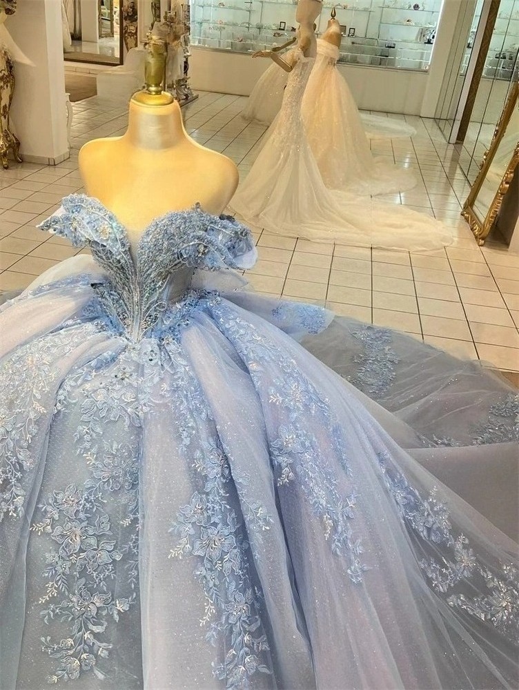 Light Blue Off Shoulder Beaded Quinceanera Ball Gown Sweet 16 Formal Dresses