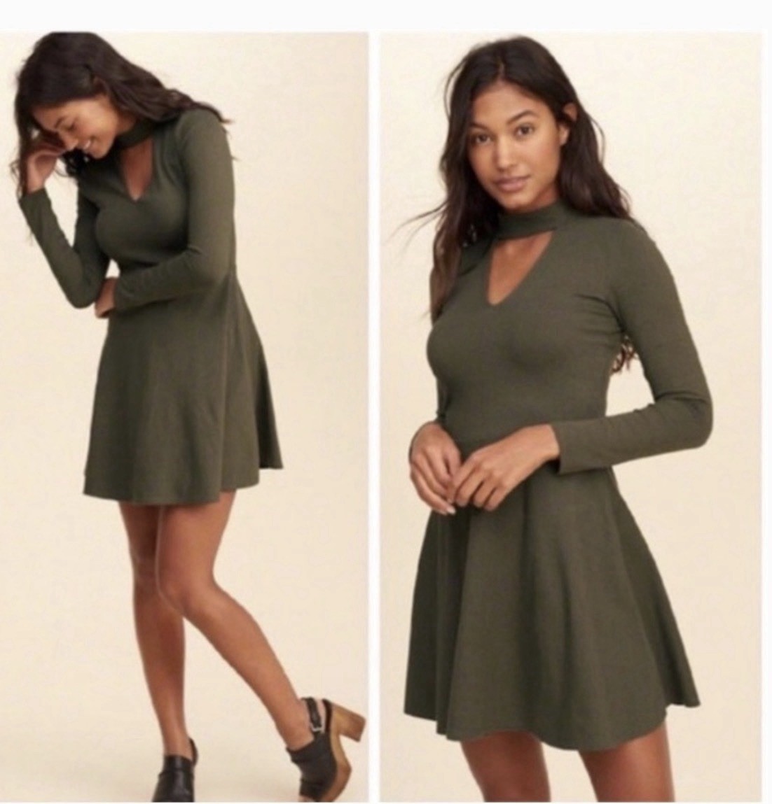 Hollister M Women’s Gray Choker Neck Fit & Flare Skater Dress Long Sleeve Y2K