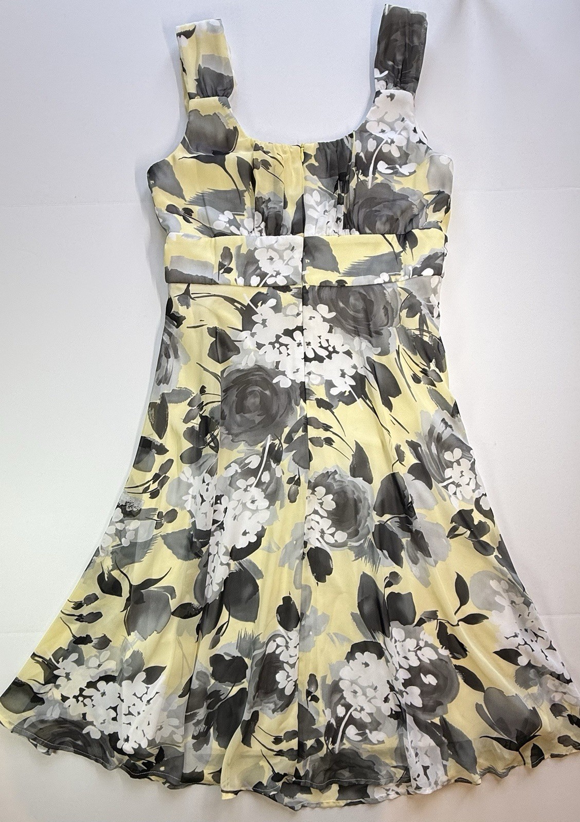 Connected Apparel Size 10 Yellow/Gray/White Floral A-Line Square Neck Zip Dress