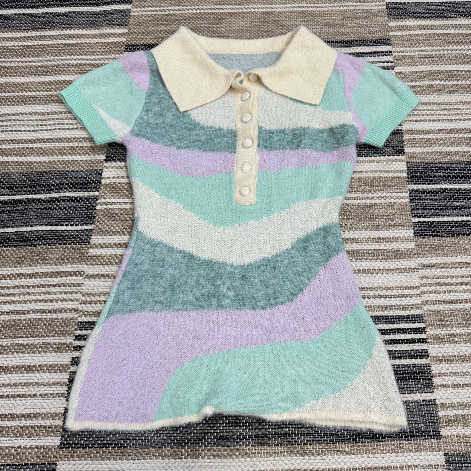 Retro Sweater Dress Women Small Pastel Stripe Collared Short Sleeve Knit Stretch