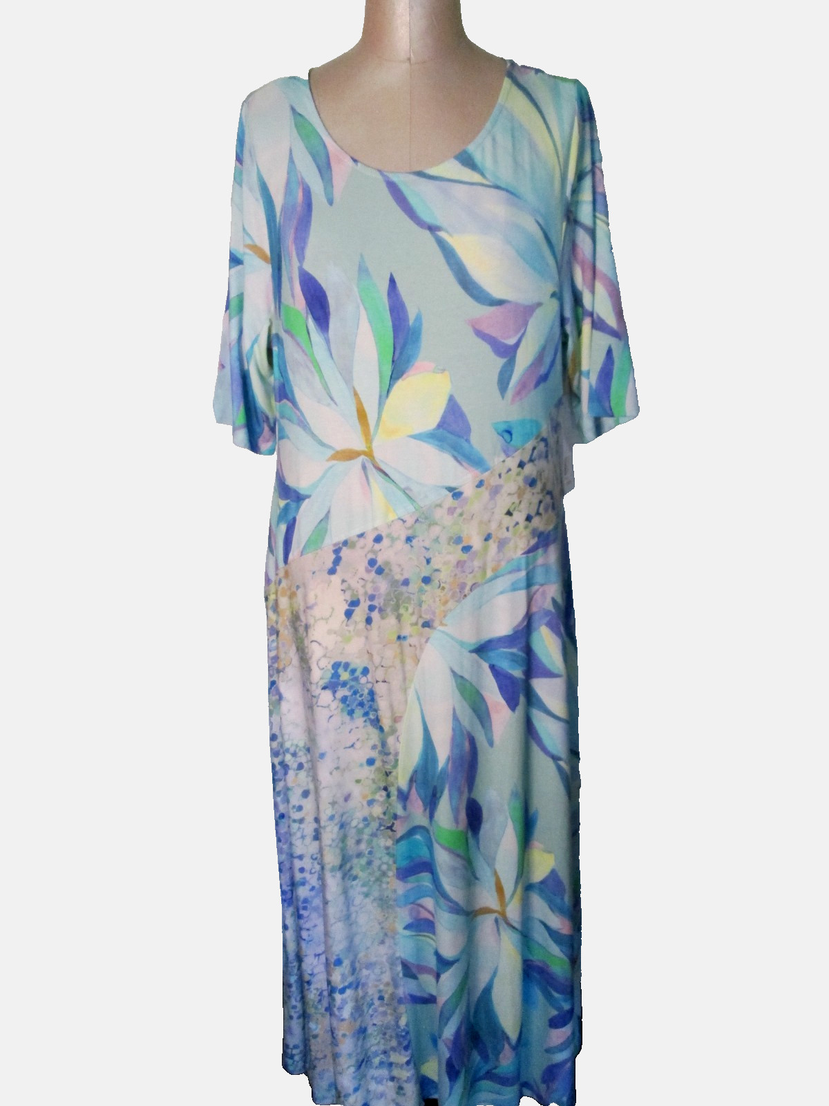 SOFT SURROUNDINGS STELLA ELBOW SLV LONG DRESS PAINTERLY BLUE NWTS! SZ PXL RAYON