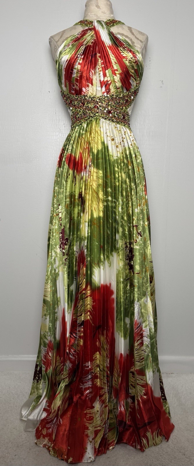 NWT Beaded Halter Open Back Pleated Tropical Print Formal Evening Gown S/M