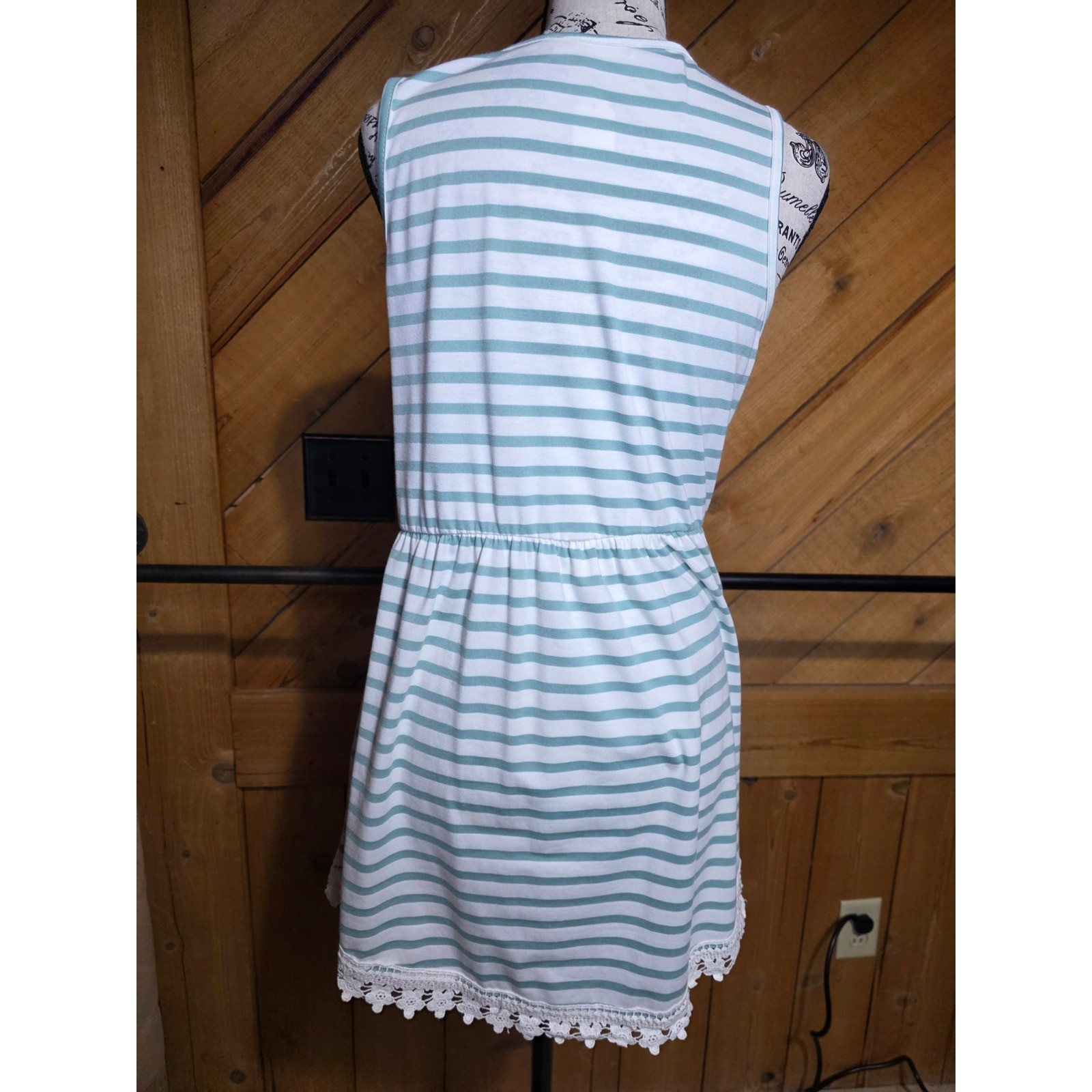 Mint Green White Striped Sleeveless Mini Dress Lace Trim Elastic Waist Womens