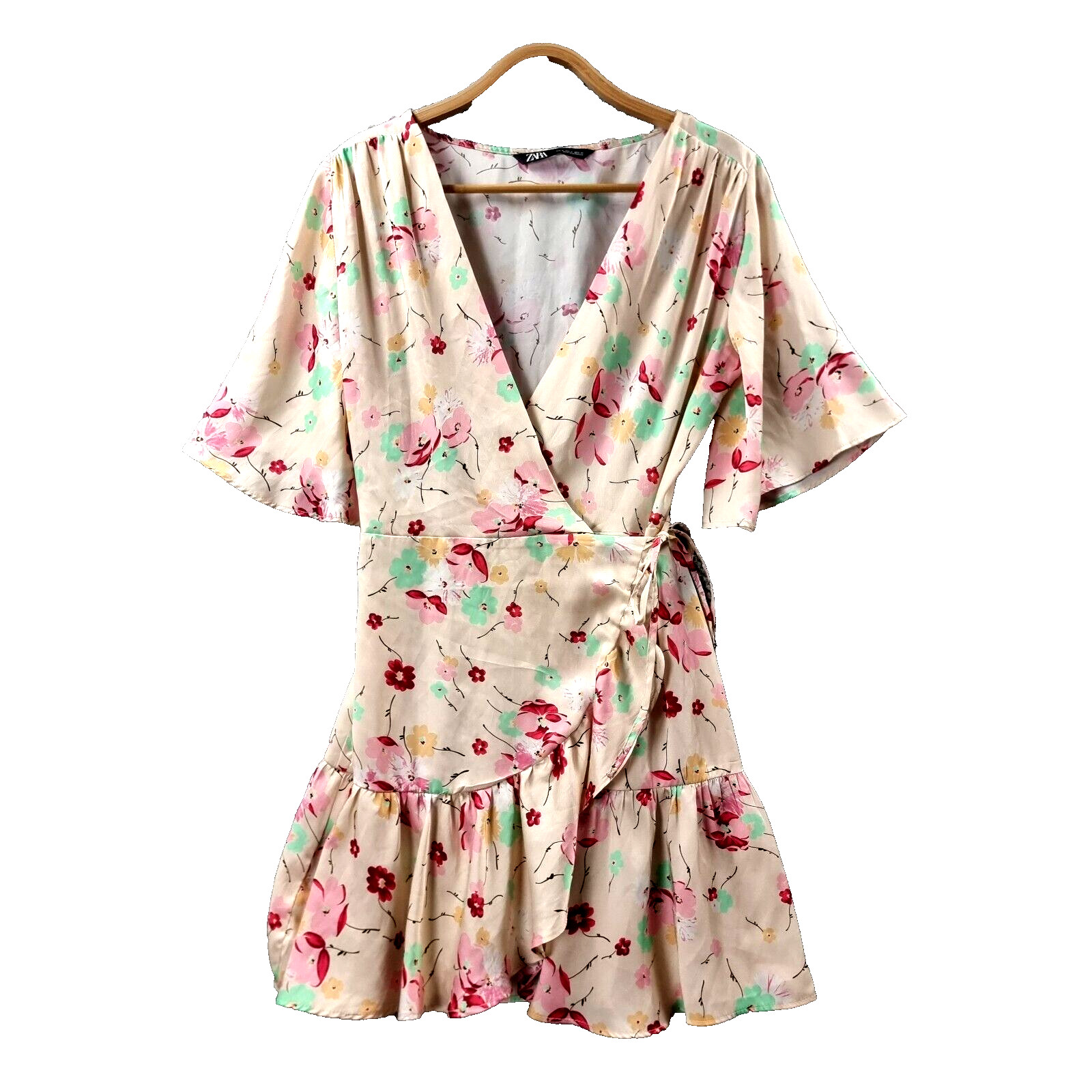 Zara Dress Womens Wrap Size M Beige Pink Green Floral Short Sleeve A-line V-Neck