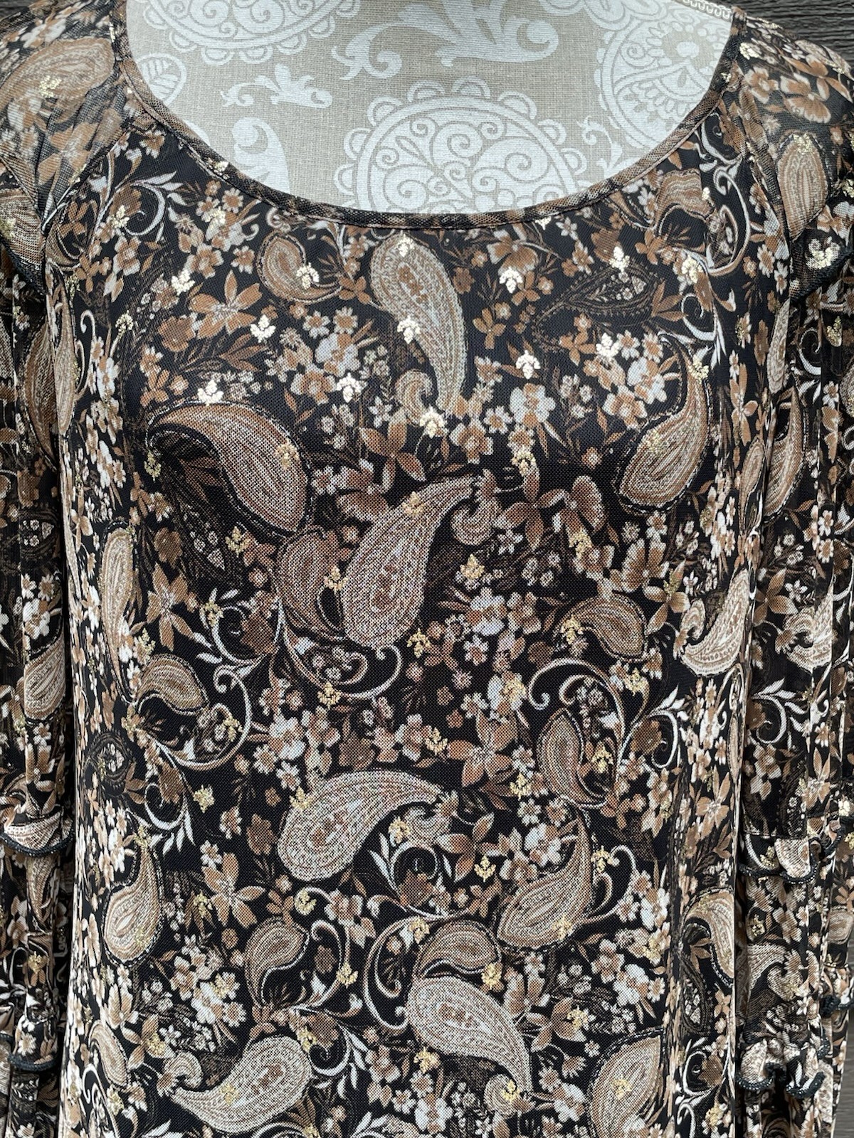 Boho Western Prairie Paisley Gold Foil Mesh Shift Dress Harper 241 Women’s M