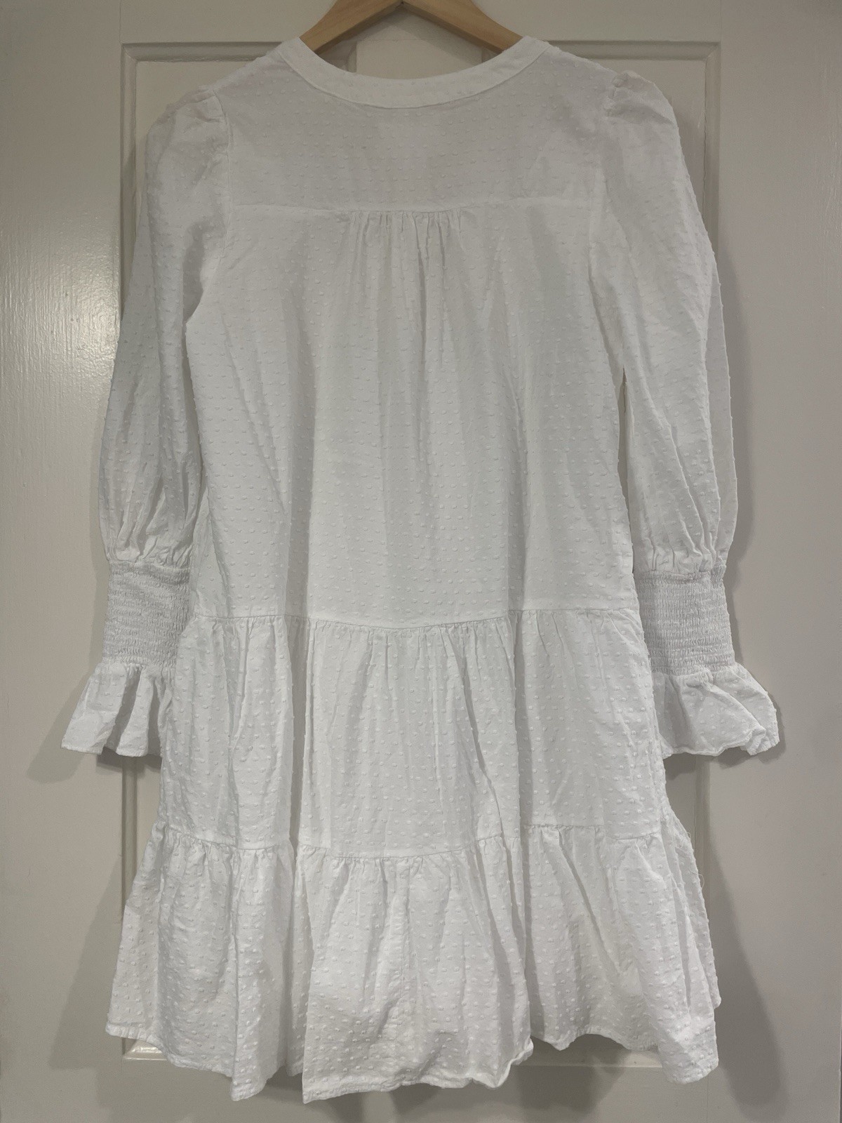 Pomander Place Tuckernuck White 100% Cotton V-Neck Swiss Dot 3/4 Sleeve Dress M