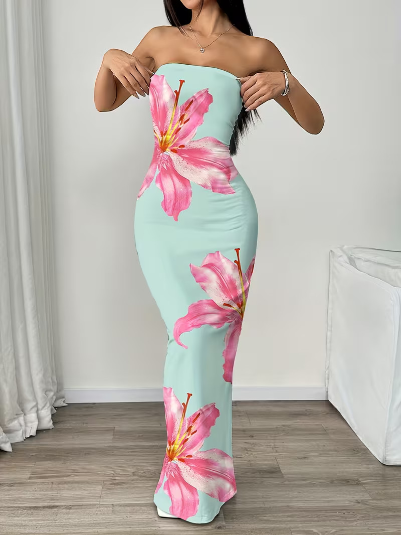 NEW Medium Elegant Sleveless Ruched Mint Green Maxi Dress w Pink & White Flowers