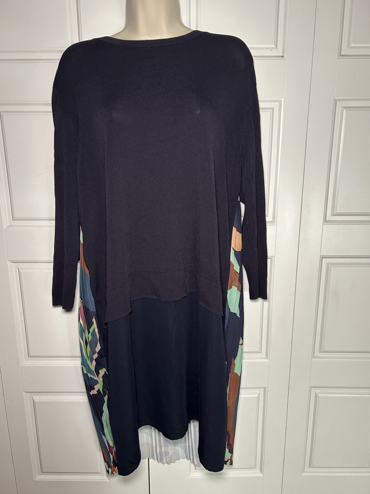 Pleated Midi Dress Ted Baker Navy Tropical Leaf Print Mixed Media Knit Sz 5/12