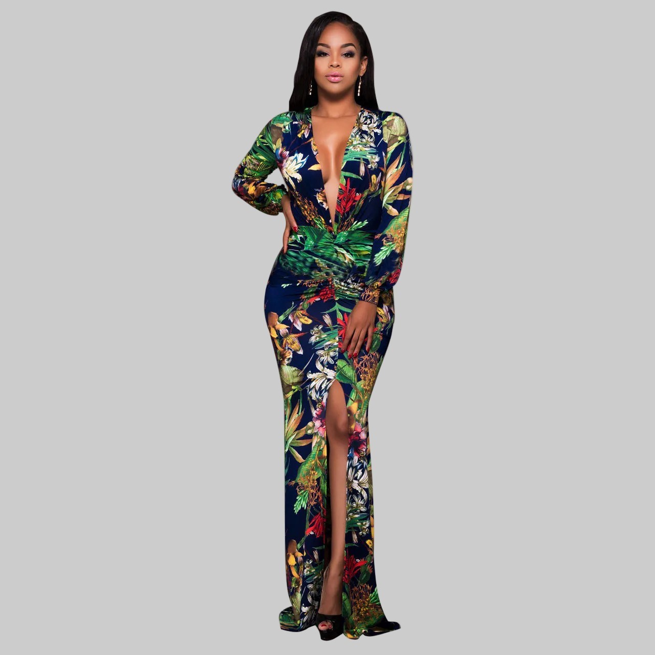 Floral V-Neck Split Maxi Dress