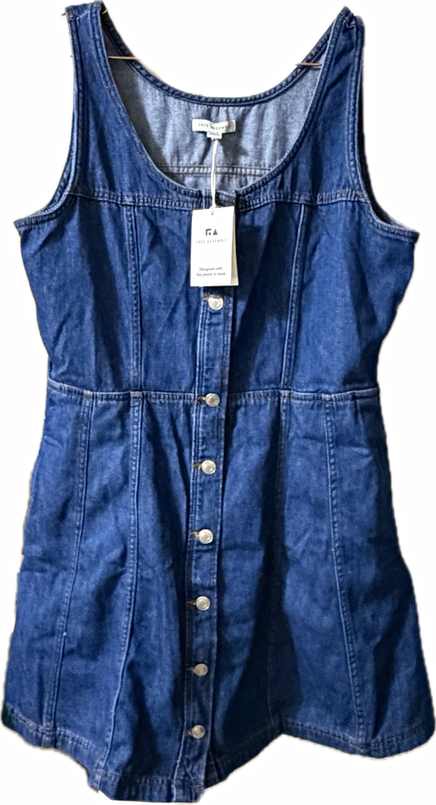 Free Assembly Denim Mini Dress Blue Solid Button Front Sleeveless Scoop Neck L