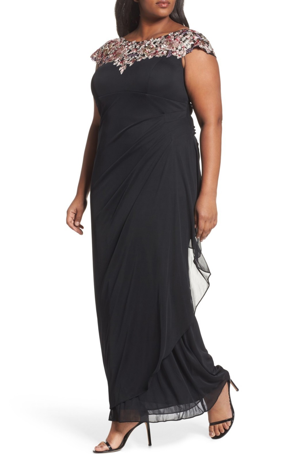 XSCAPE Black Floral Embroidered Rhinestone Embellished Ruffle Maxi Gown 16W = 1X