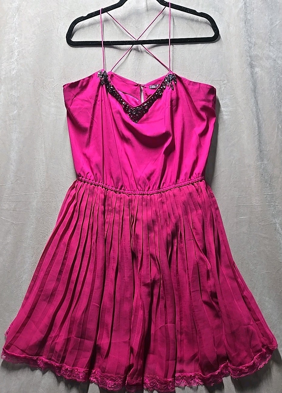 Victorias Secret Dress Women Size Large Magenta Pink Pleated Rhinestone Jewels