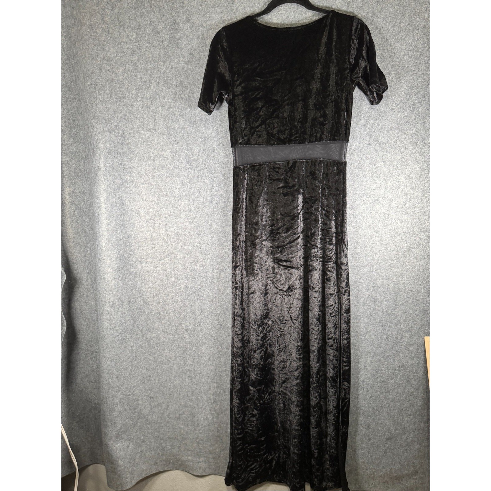Lulus Black Crushed Velvet Maxi Dress Sheer Mesh Waist Goth Short Sleeve Medium