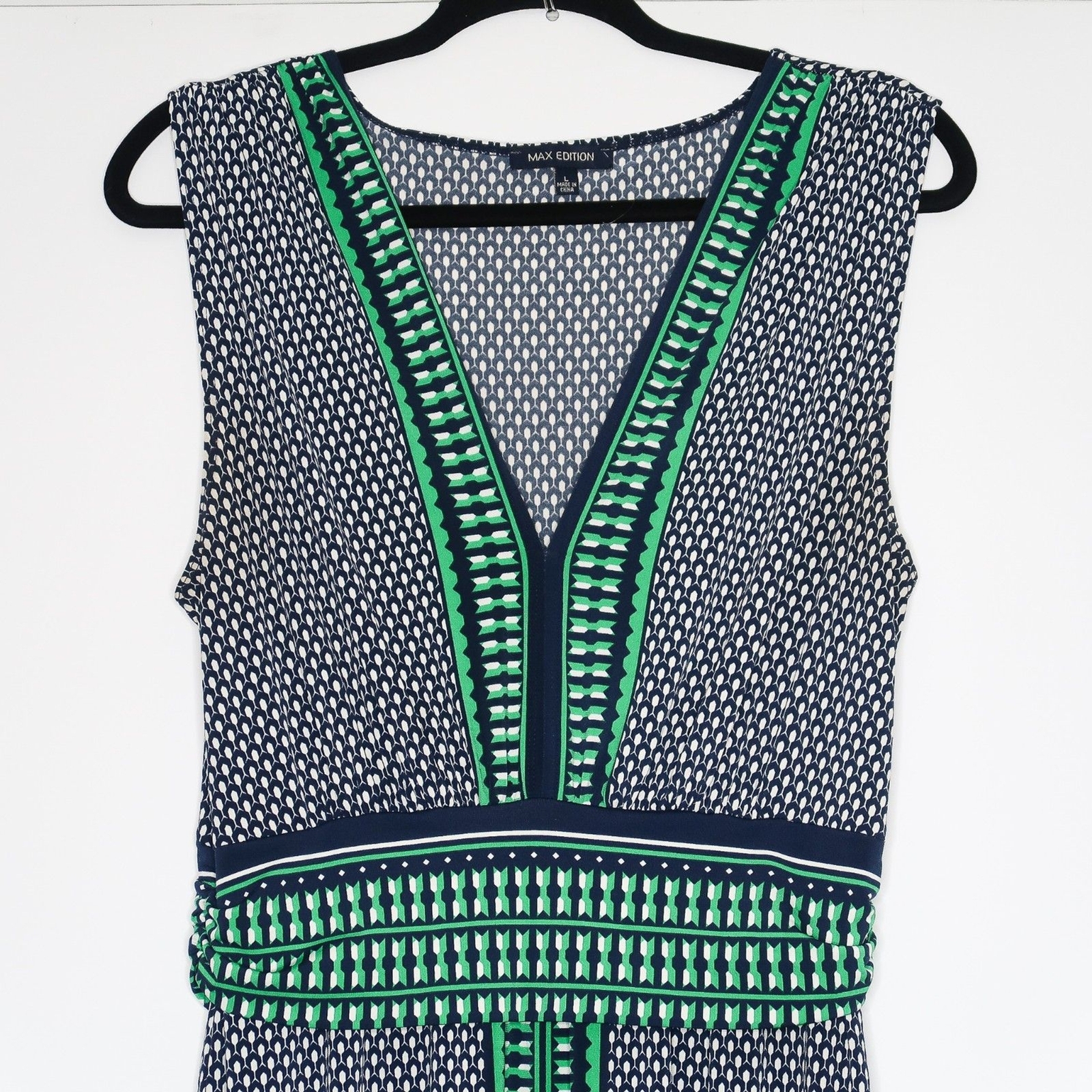 Max Edition Womens Maxi Dress Size Large Blue Green Geometric Print Sleeveless