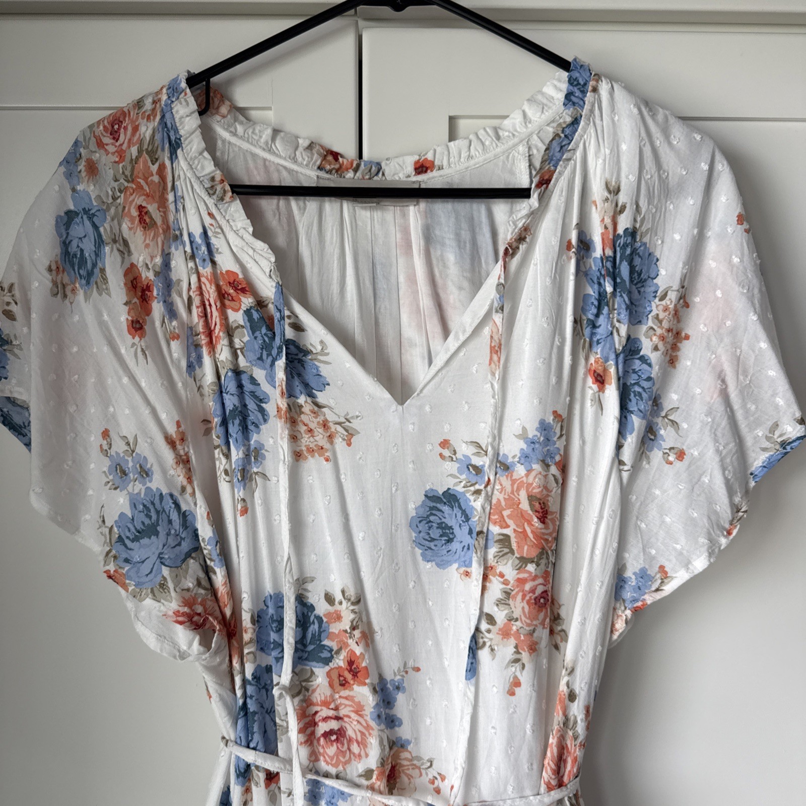 LOFT – White Floral Dress – XL – Lined – Orange and Blue Floral – Drawstring Ned