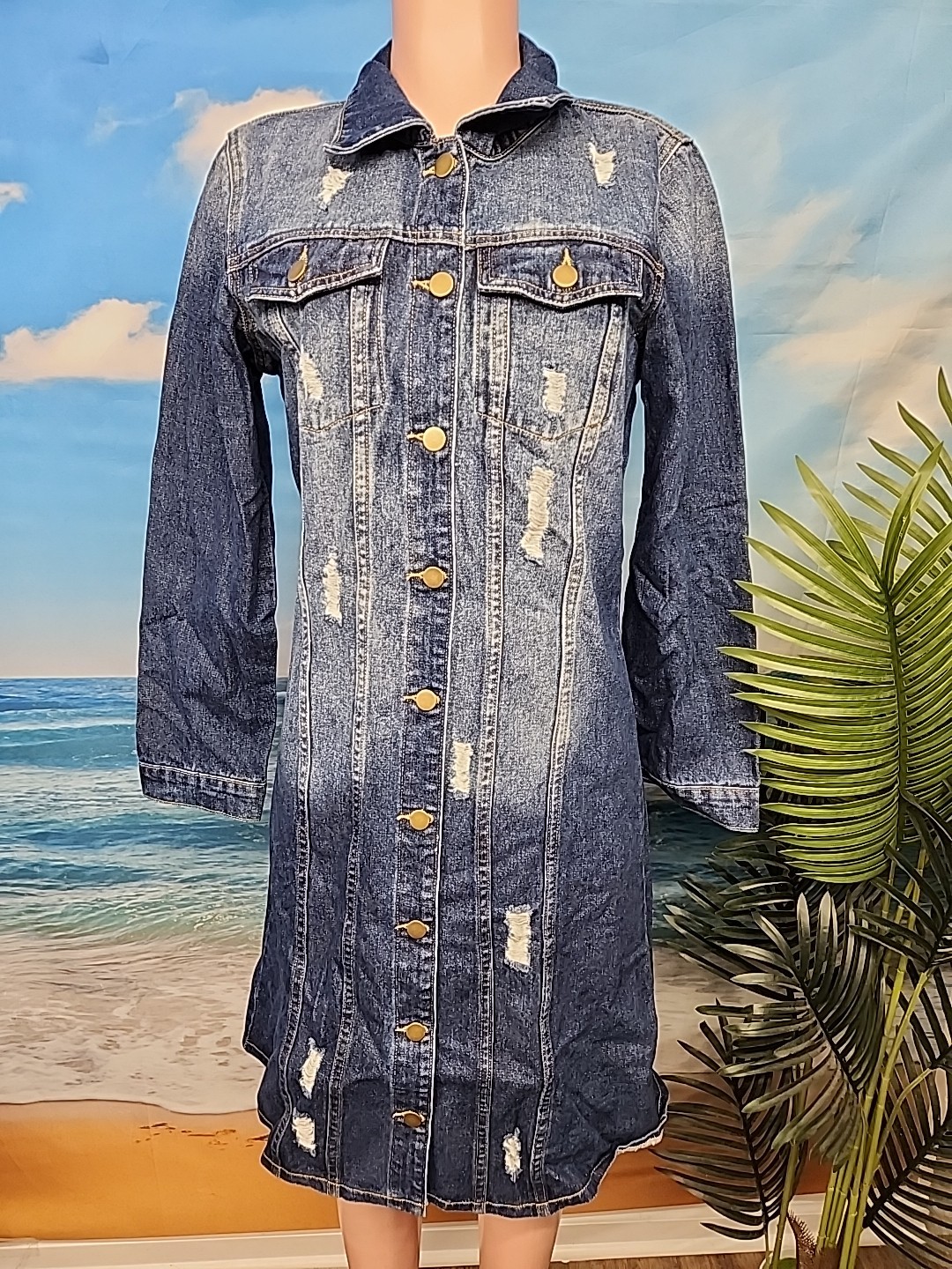 Unbranded Women’s Long Sleeve Distressed Denim Dress Size Small