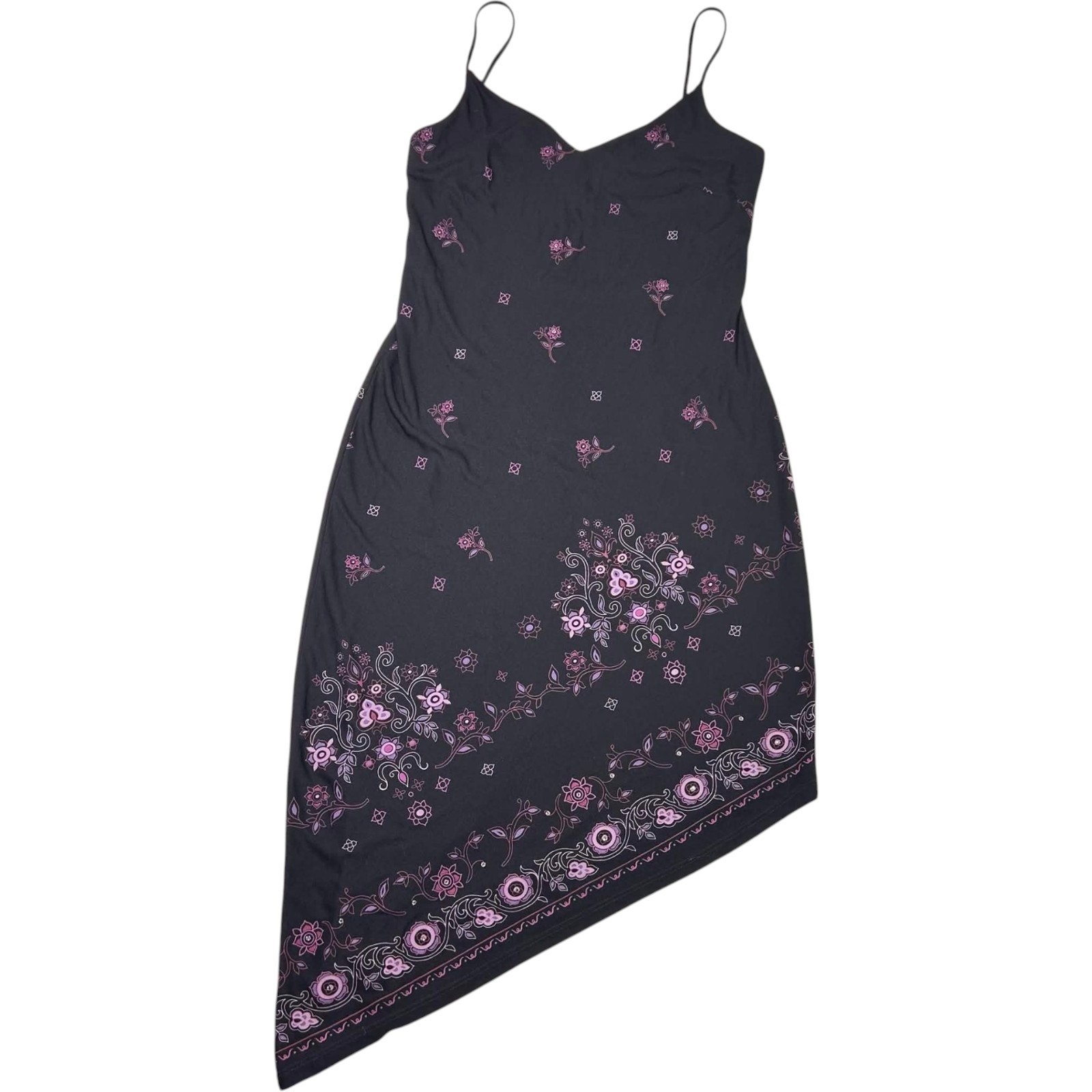 Y2K Rampage Black Floral Midi Dress Handkerchief Hemline Women’s Sz L Whimsigoth