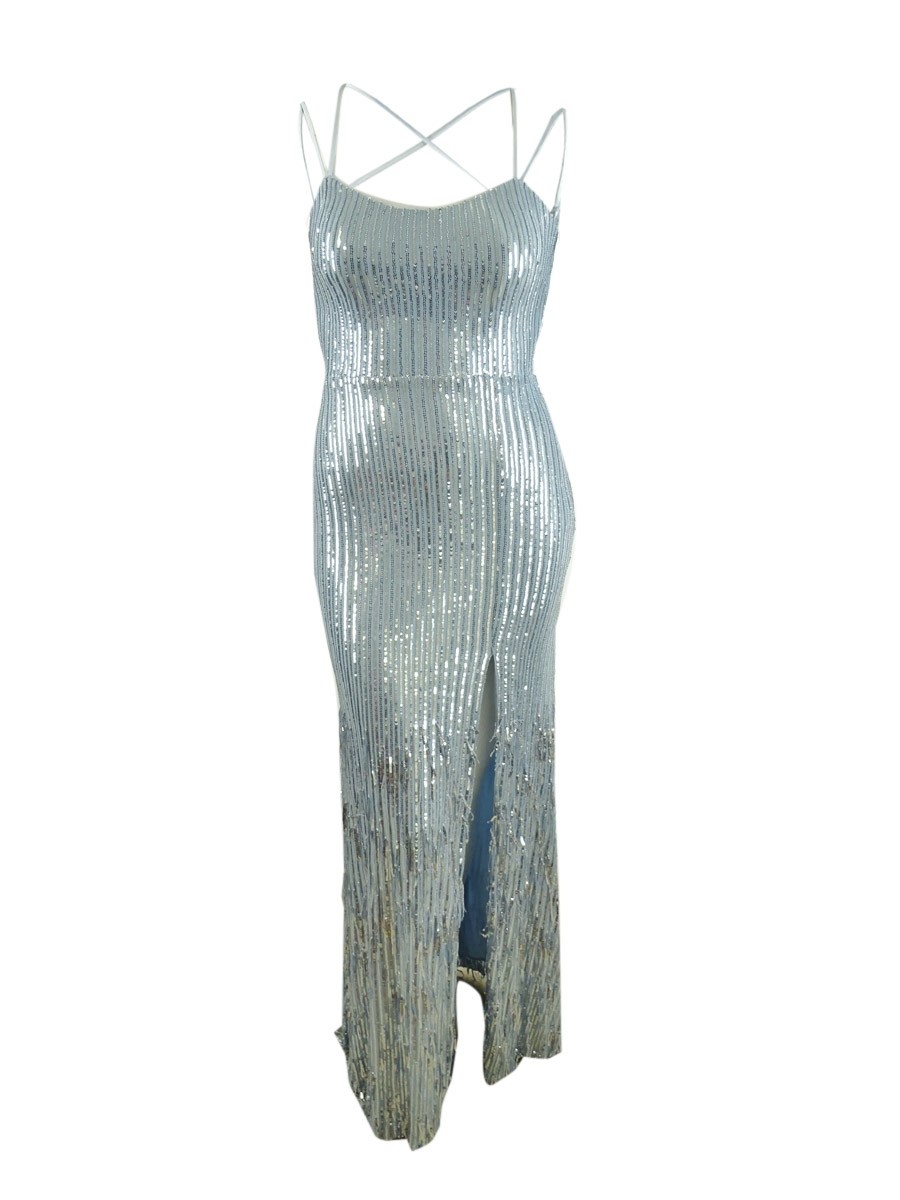 Xscape Women’s Tie-Back Sequin-Fringe Gown (10, Light Blue)