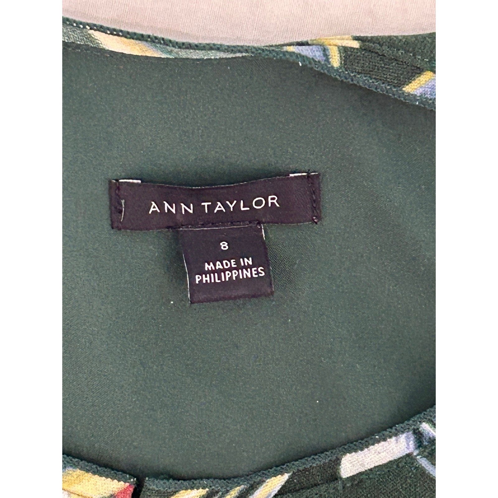 Ann Taylor Tropical Botanical Flamingo Print Bell Sleeve Fit Flare Dress Green 8