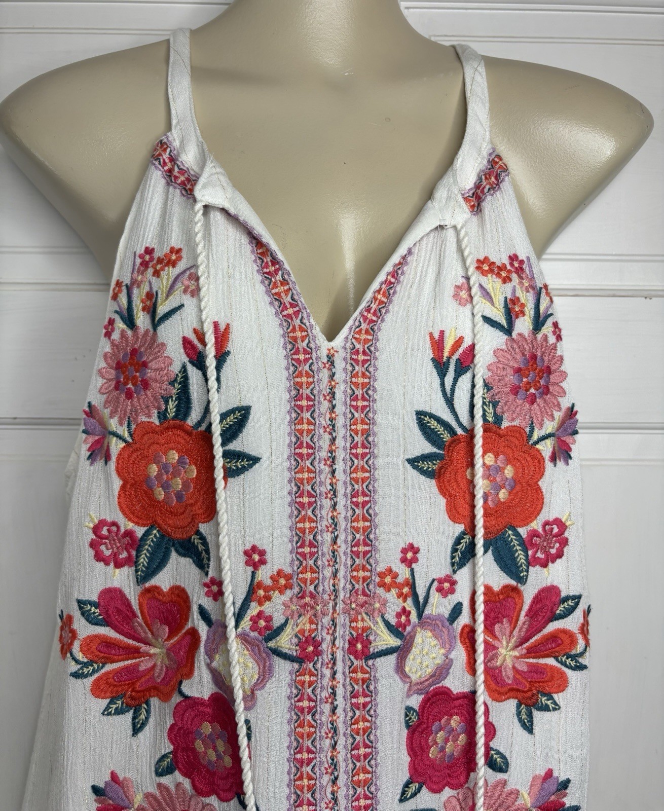 Savanna Jane Women Large White Shift Dress Floral Embroidered Halter Tassel Boho