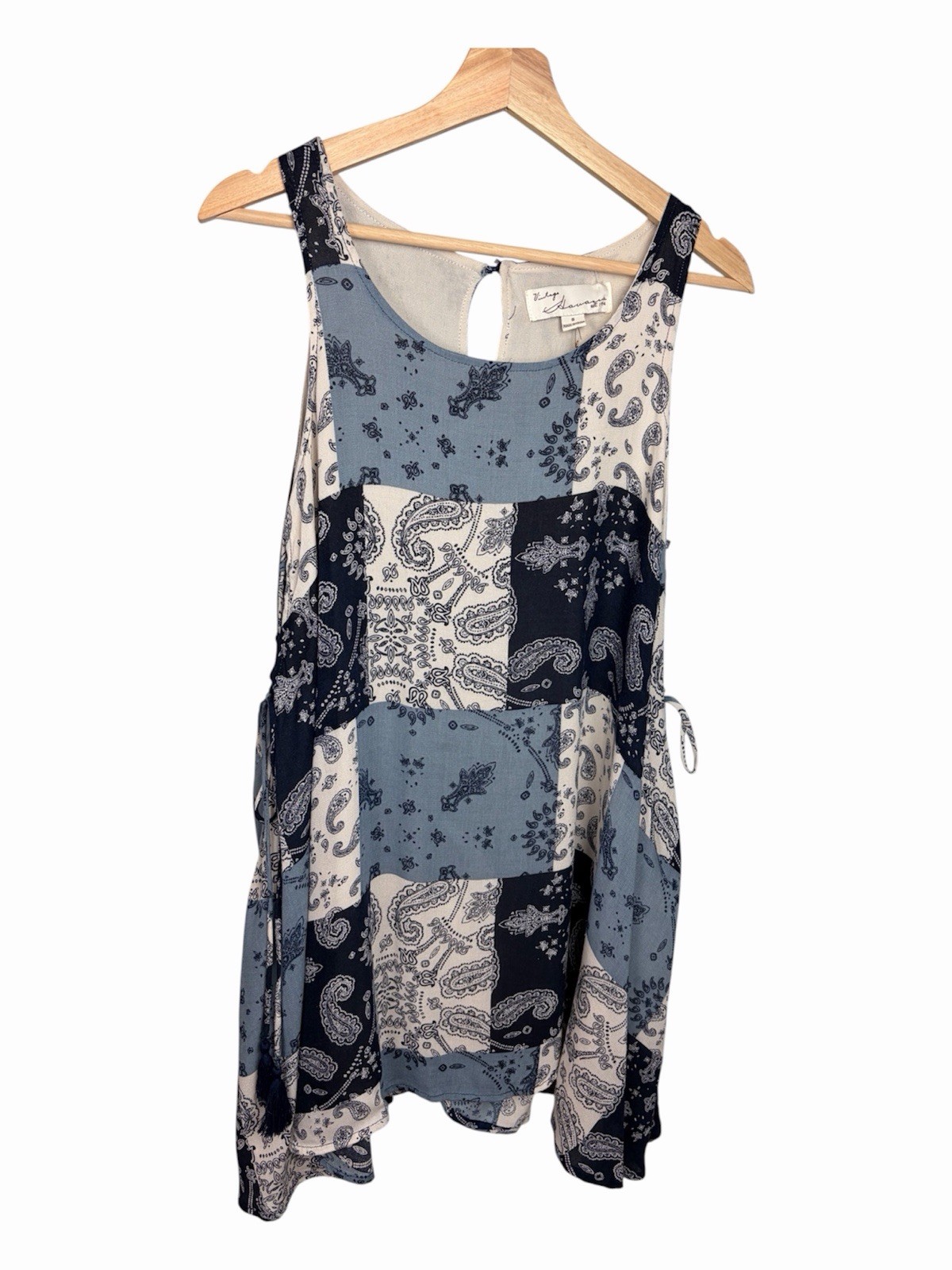 Vintage Havana Boho Patchwork Paisley Swing Dress Blue White Sleeveless Size S