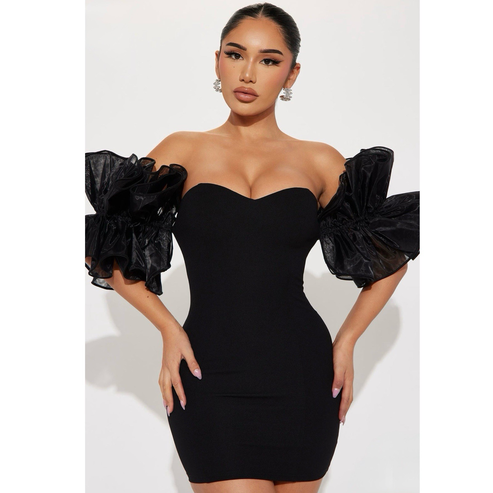 Black Ruched Bodycon Mini Dress Sweetheart Organza Ruffle Sleeves Size Small