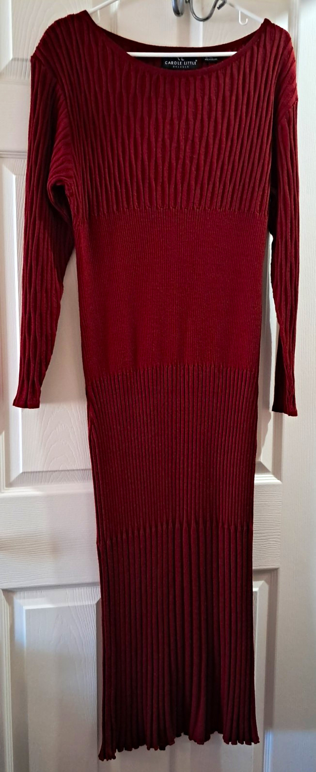 Carole Little Burgundy Ribbed Knit Sweater Dress Round Neck Long Sleeve Midi L