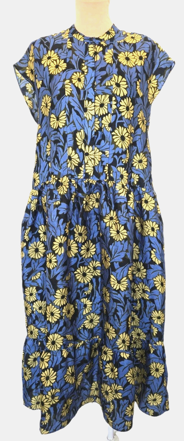 Samsoe Samsoe Marguerite High Neck Blue Yellow Floral Shirt Midi Dress Size M