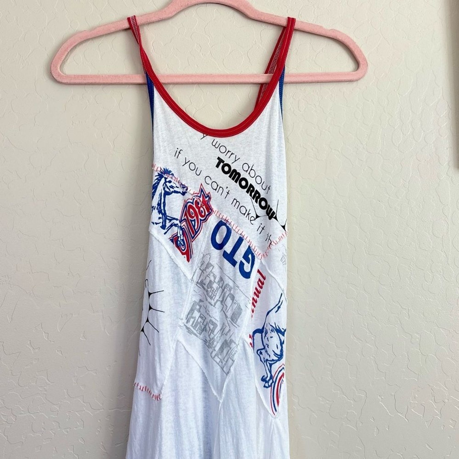 Free People Batter Up Open back Mini Dress White Combo Red Blue Medium