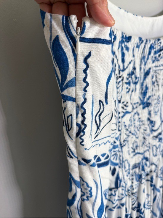 CeCe Ivory Blue Mediterranean Tile Print Tiered Maxi Dress Sz LARGE Rayon Linen