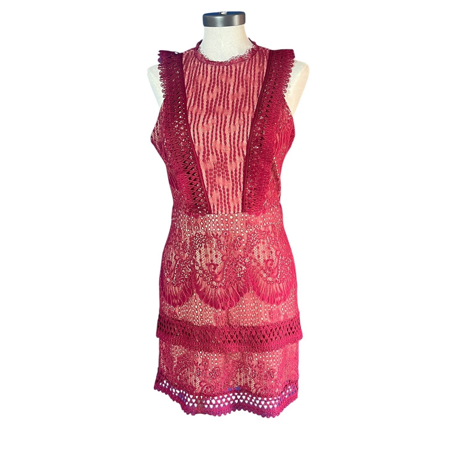 Adelyn Rae Womens Berry Red Floral Lace High Neck Sleeveless Sheath Dress Size M