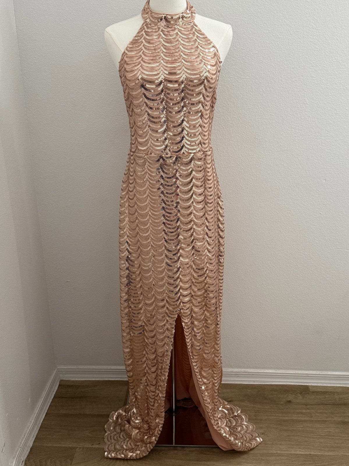 Lulus L Rose Gold Sequin Halter Maxi Dress Slit Formal Party Gala Wedding Guest