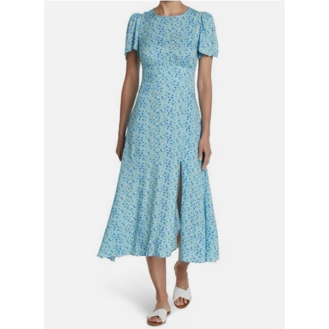 AFRM Jamie Blue Floral Puff Sleeve Cutout Back Midi Dress Small Cottagecore