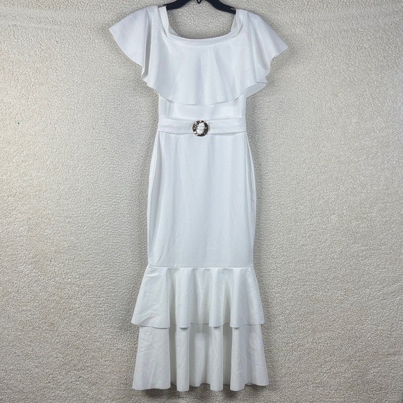 NWT Quiz Womens White Ruffle Tiered Buckle Off Shoulder Midi Dress Size 4