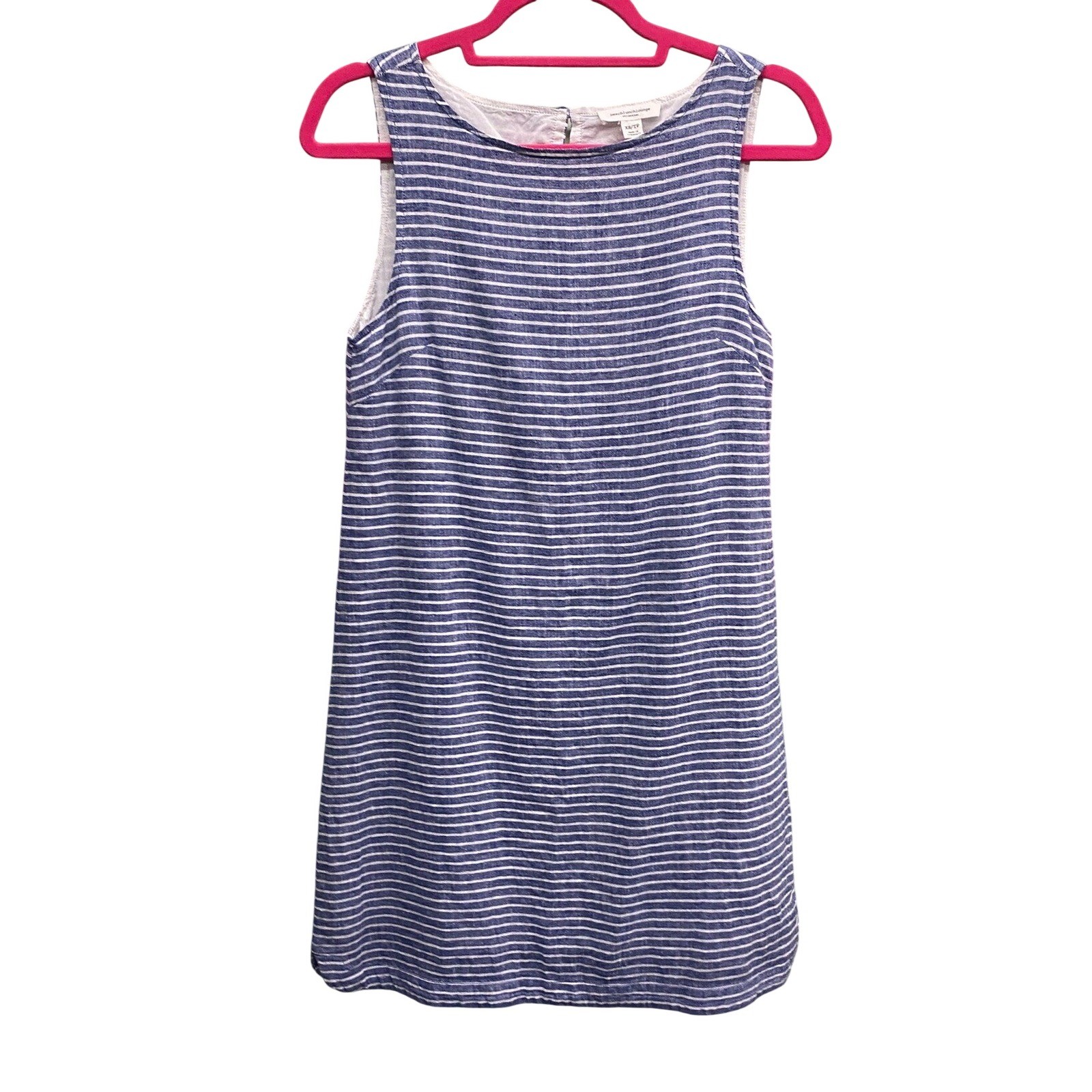 old money Blue White Striped Linen Blend coastal Shift Dress Womens XS