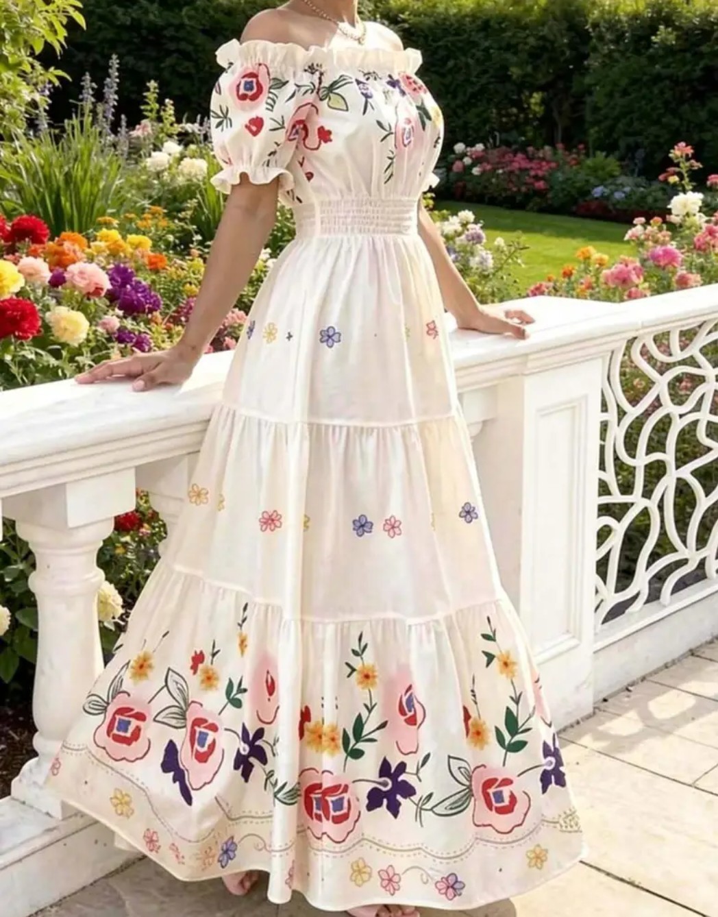 White Floral Print Off-Shoulder Puff Sleeve Waist-Cinching Flared Maxi Dress