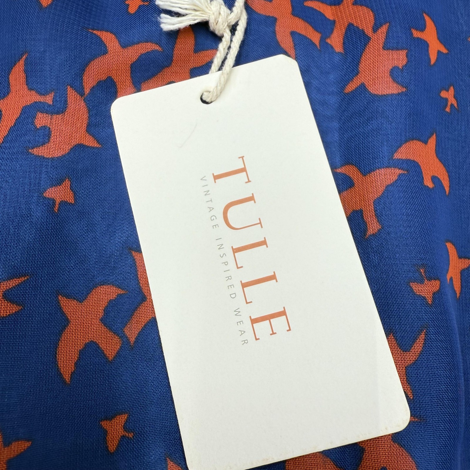 Tulle Dress Womens Small Navy Orange Bird Print Elastic Waist Lined Cap Sleeve