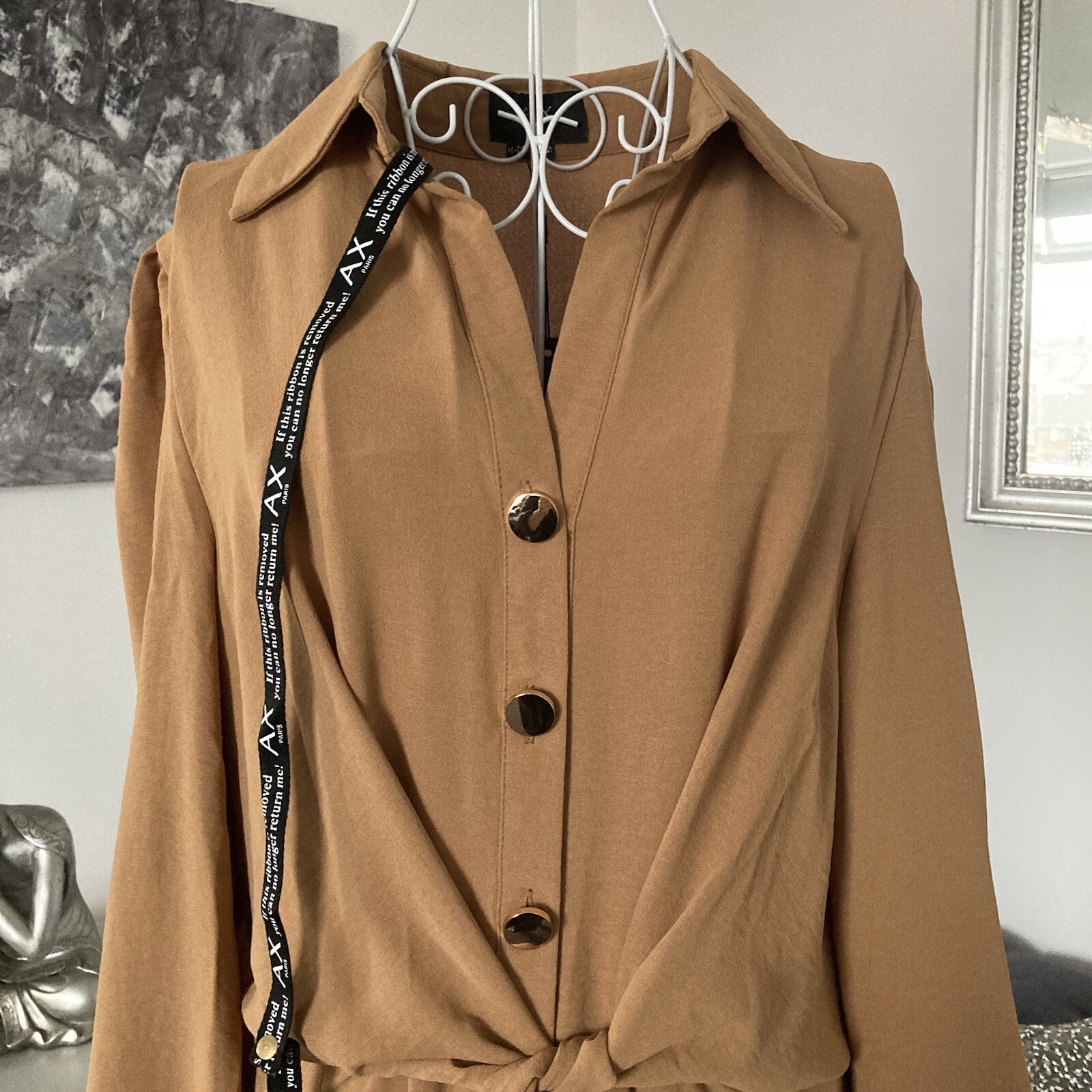 Camel Collared Long Sleeve Front Button Fastening Waist Tie Midi Shirt Dress 8
