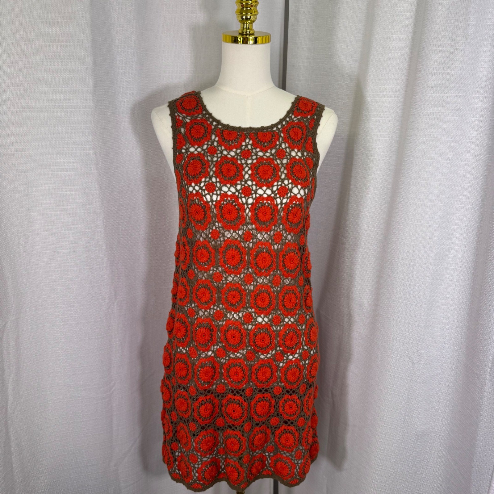 Free People Crochet Mini Dress Orange Brown Floral Medallion Cotton Medium