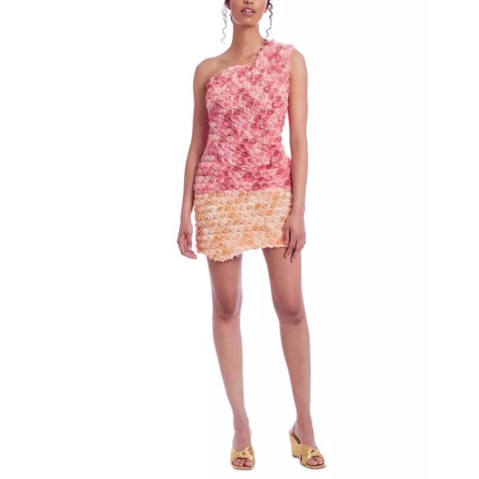 Badgley Mischka Diana Pink Cocktail Dress One Shoulder Floral Sheath Size 12