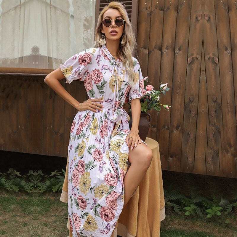 Ruffle Neck Pleated Dress