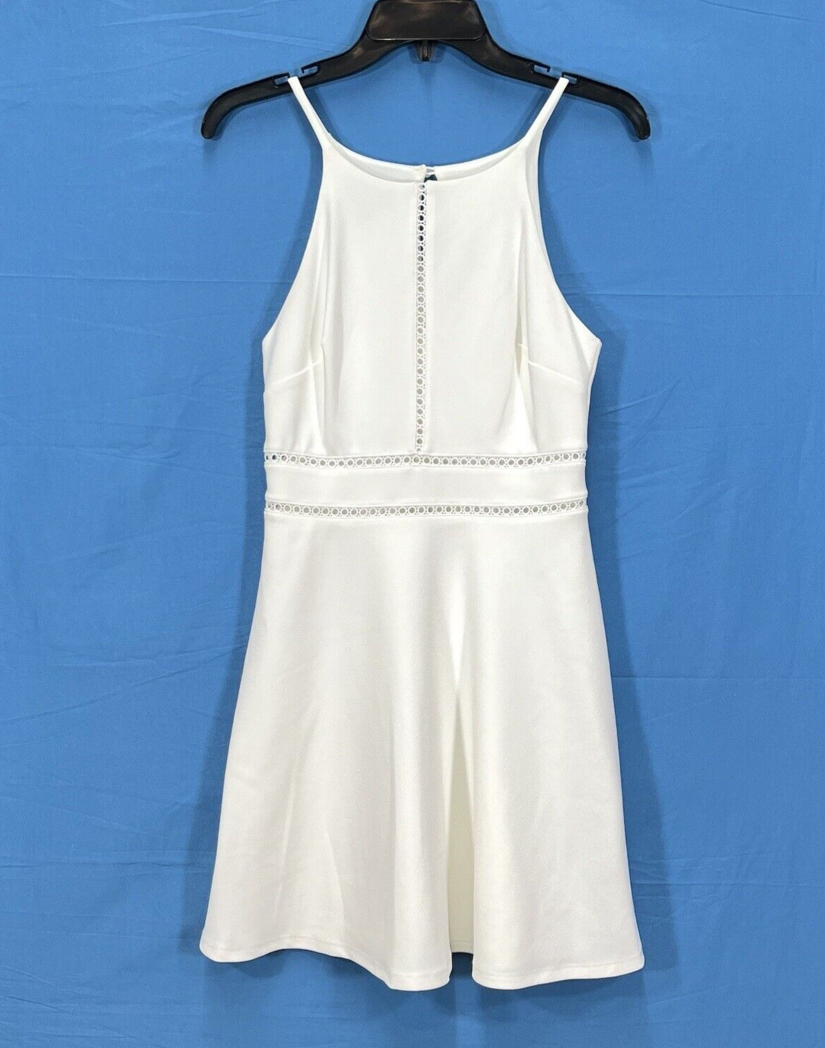 BY & BY White CREPE Lace Insert SLEEVELESS High Neck KEYHOLE BACK Skater Dress 1