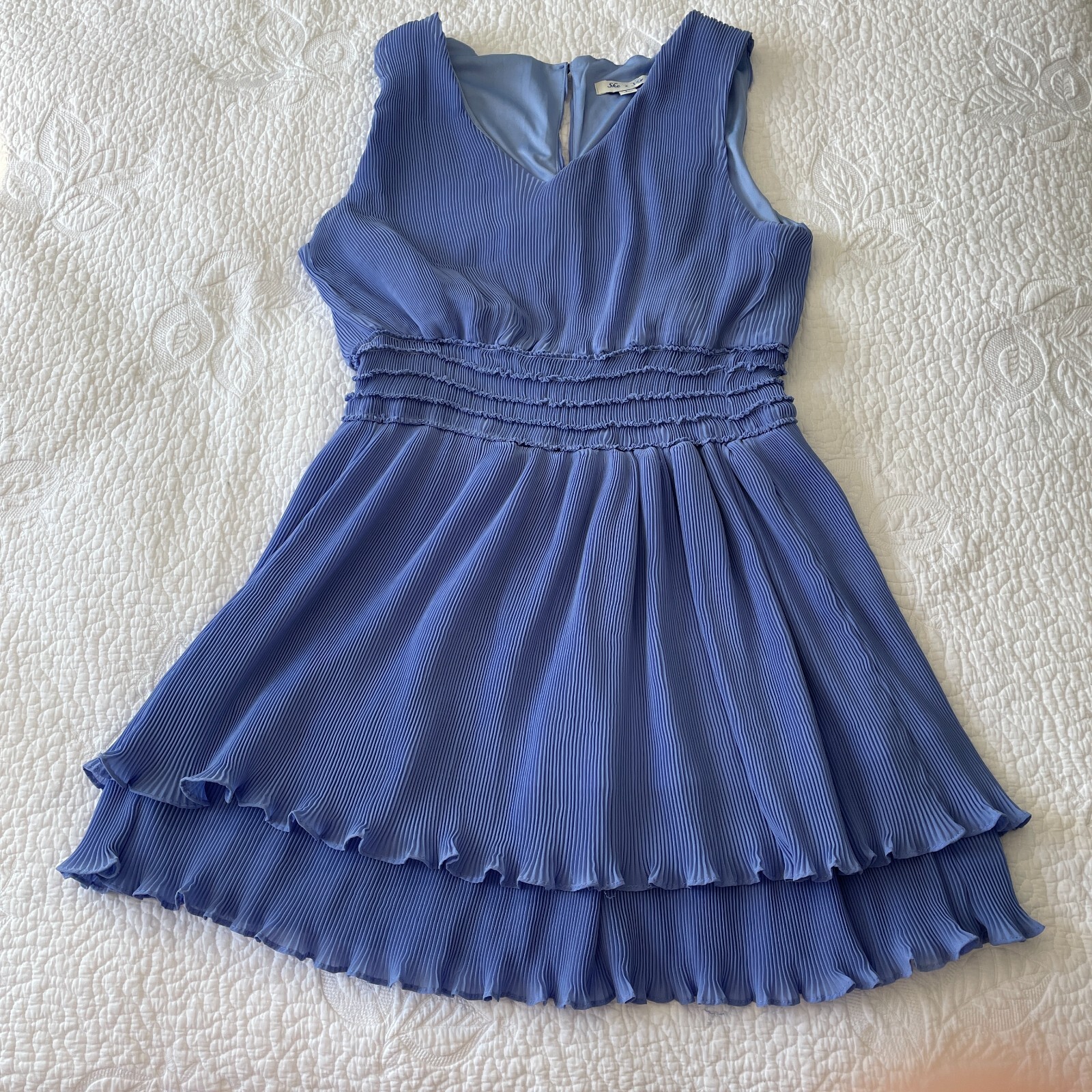 She + Sky Mini Dress Large Sleeveless Ruched Smocked Layered Waist Blue Lined