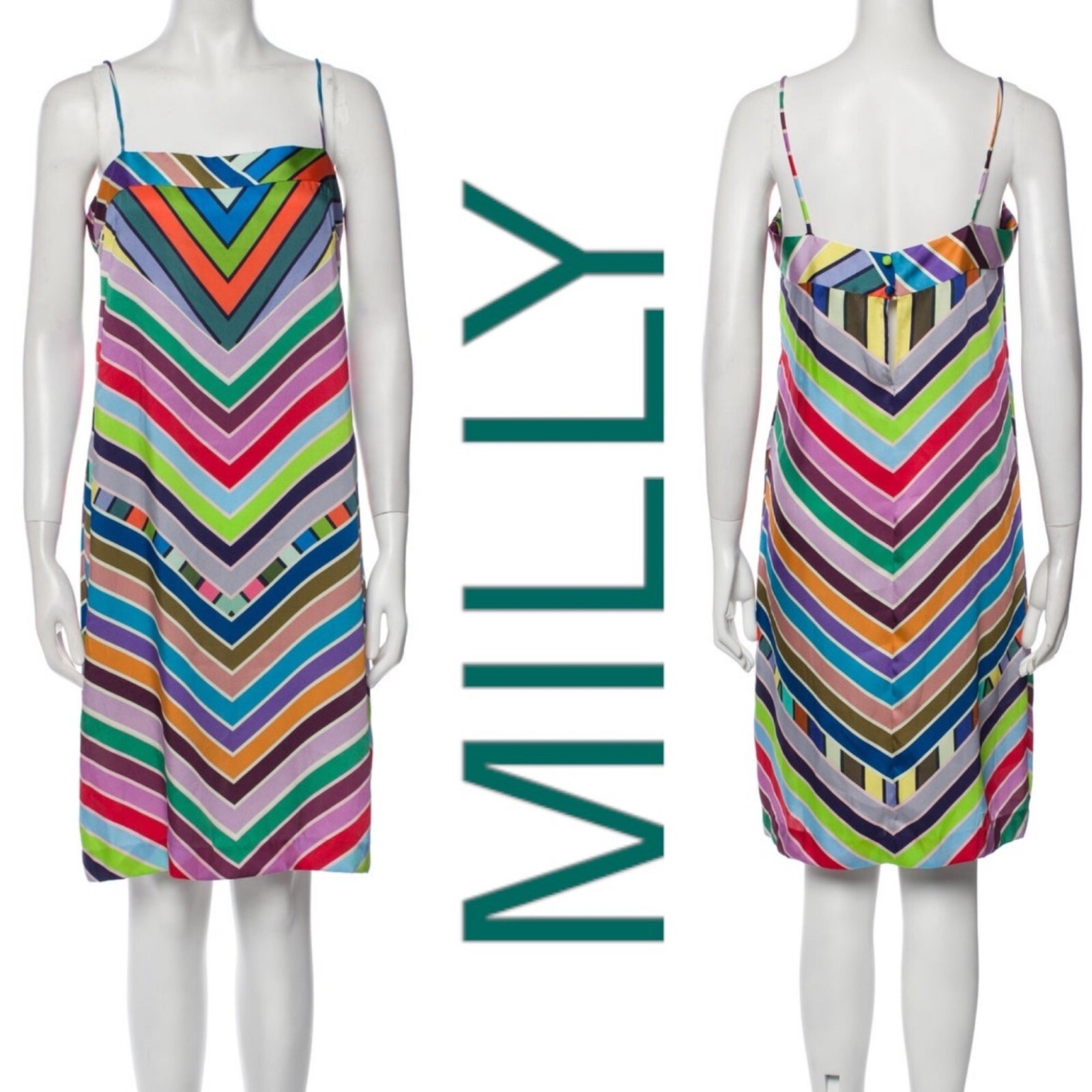 NWT MILLY Marissa Dress Colorful Rainbow Chevron Striped Knee Length Strappy Shi