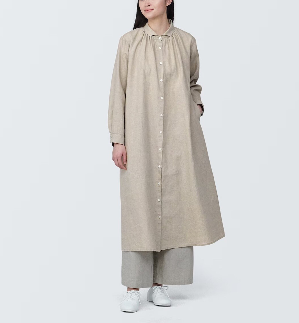 MUJI Womens XS Beige 100% Linen Washed Long Sleeve Shirt Dress pockets oversized