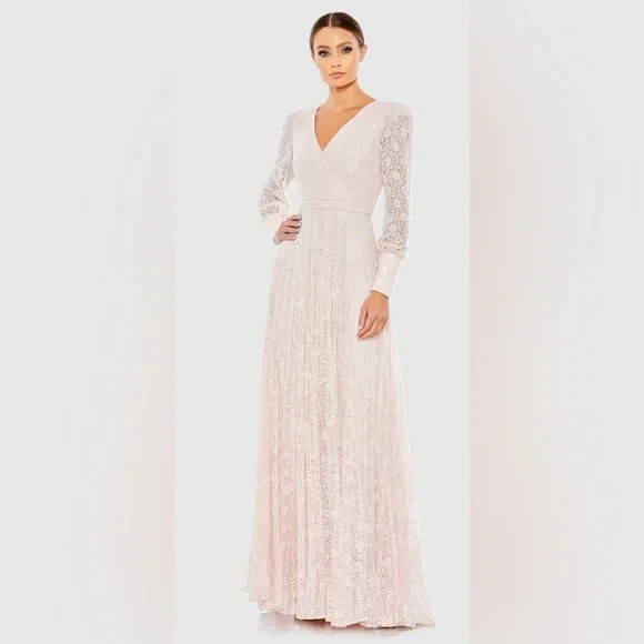 Mac Duggal Light Rose Pink Embellished Lace Long Sleeve Gown Size 22 $798